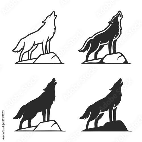 Four different graphic depictions of a howling wolf silhouette on a rocky surface