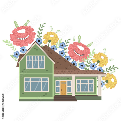 Tiny cottage facade with flowers. Hand-drawn house illustration isolated on white background. Illustration for post card, souvenirs and wall art