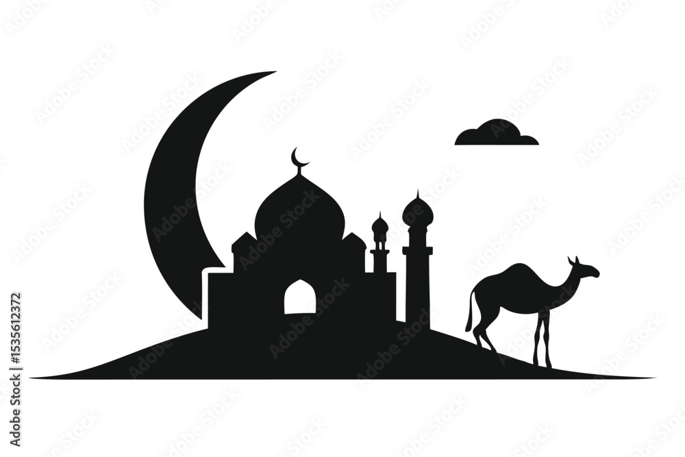 Silhouette illustration of a mosque crescent moon and camel in minimalist style