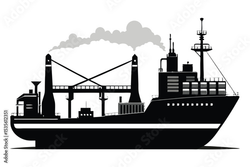 Silhouette illustration of a cargo ship with smoke against a white background for design