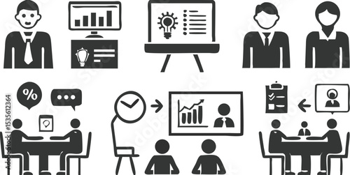 Business Icons Set Depicting Teamwork, Presentations, and Meetings