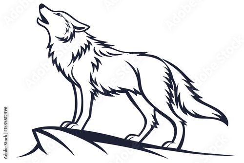 Line art illustration of a howling wolf standing on a rugged rock formation