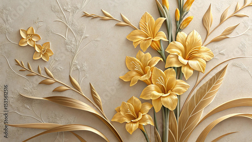 Golden Gladioli Bouquet with Intricate Stucco Leaves and Stems on a Beige Background Elegant 3 D Floral Design