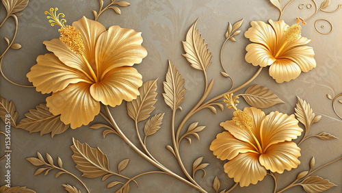 Golden Hibiscus Flowers with Ornate Stucco Leaves and Stems on a Taupe Background Elegant 3 D Embossed Floral Design