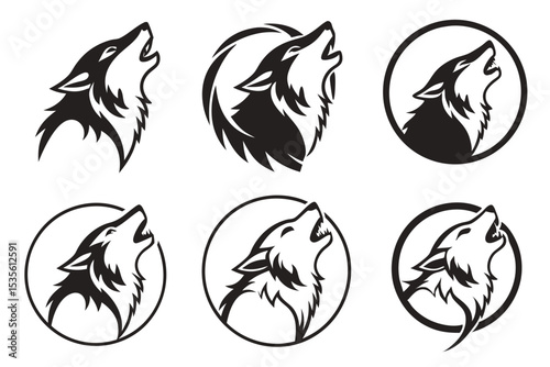 Set of black and white wolf howling silhouette illustrations suitable for logos and badges