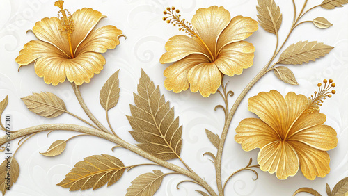 Golden Hibiscus Flowers with Ornate Stucco Stems and Leaves on a White Embossed Background Elegant Gold Floral Design Three Dimensional Textured Gold Leaf Botanical Illustration