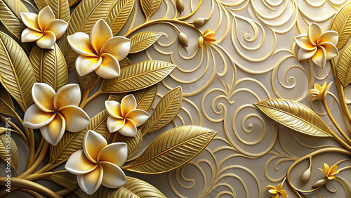 Golden Orchid Floral Arrangement with Embossed Gold Leaves and Elegant Swirling Background Design