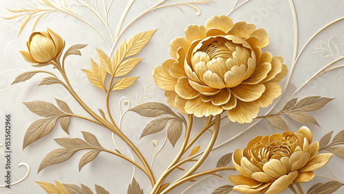 Golden Peonies with Ornate Stucco Stems and Leaves on an Elegant Off White Background Detailed 3 D Floral Design Luxurious Gold and Beige Tones Intricate Leaf Patterns