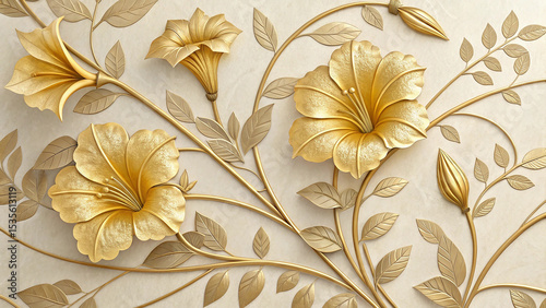 Golden Petunia Flowers with Ornate Stucco Stems and Leaves on a Beige Background Elegant 3 D Floral Design Wall Decor Image