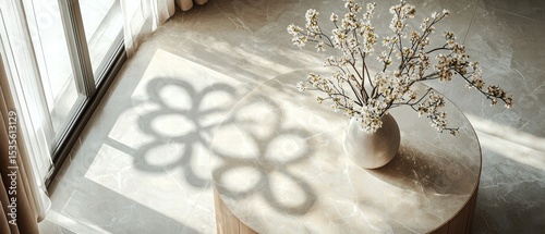 Vase with Flowers on Quatrefoil Patterned Marble Table