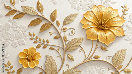 Golden Petunia Flower with Embossed Gold Leaves and Stems on an Off White Stucco Background Elegant 3 D Floral Design