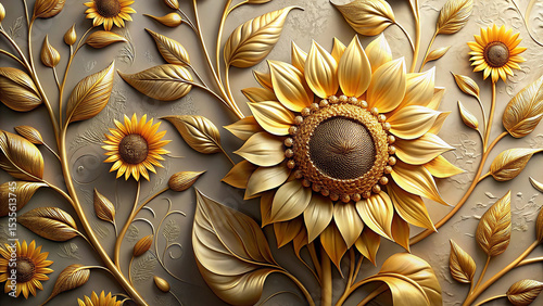 Golden Sunflower with Ornate Stucco Leaves and Stems on a Textured Beige Background a Detailed 3 D Render of a Luxurious Floral Arrangement Featuring a Large Central Sunflower Surrounded by