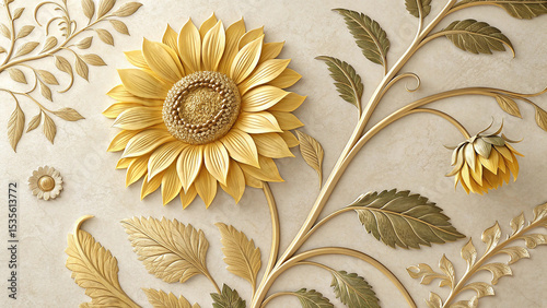 Golden Sunflower with Ornate Stucco Stems Leaves and Buds on a Beige Background Detailed 3 D Render of Elegant Floral Design in Gold and Beige Tones