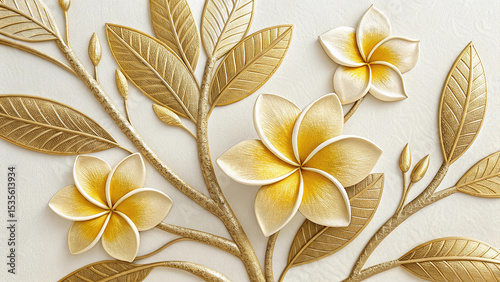 Golden Yellow and Cream Plumeria Flowers with Gold Stucco Leaves and Stems on a White Background Elegant 3 D Floral Design