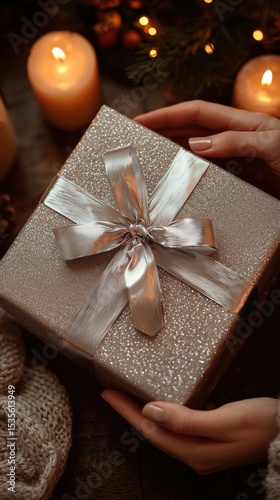 Person Holding Present Wrapped in Silver Foil