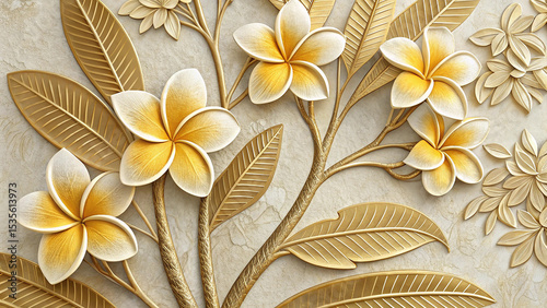 Golden Yellow and White Freesia Flowers with Gold Stucco Leaves and Stems on Beige Textured Background Elegant Floral Design 3 D Embossed Wall Art