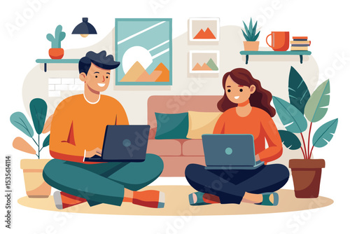 Two individuals working remotely on laptops sitting on the floor in a cozy living space.