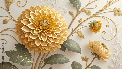 Golden Yellow Dahlias with Gold and Green Accents on an Off White Background Detailed 3 D Floral Arrangement Elegant Paper Flower Design