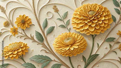 Golden Yellow Zinnia Flowers with Intricate Stucco Stems and Leaves on a Beige Background Elegant Floral Design