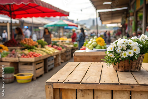 A wooden stall in the foreground with a blurred background of an open-air market. The background includes various vendors selling fresh produce, flowers, and handmade Generated By AI