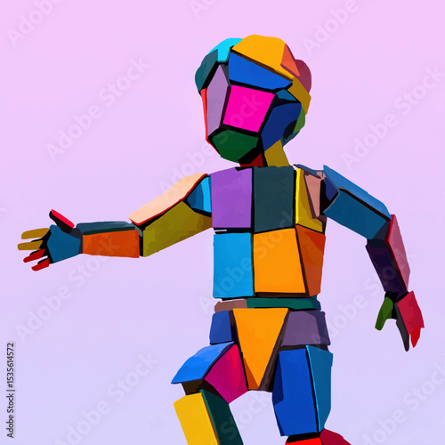 Geometric Superhero Standing with Hands on Hips on Gray Background

