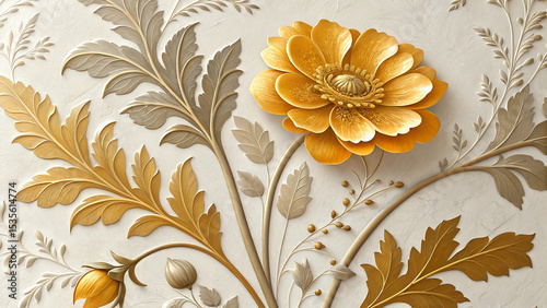 Intricate Golden and Taupe Floral Arrangement Embossed Design Featuring a Large Golden Anemone Centerpiece with Detailed Leaves and Buds on an Off White Background