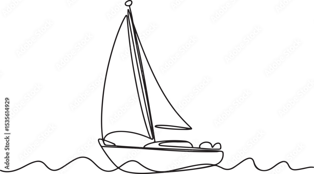 Fototapeta premium continuous line drawing of a sailboat with a single sail floating on gentle waves in black and white silhouette style
