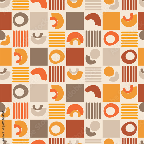 Colorful abstract geometric sramless pattern with retro shapes in warm tones. Design for textile, wallpaper, fabric, wrapping paper, digital design, and backgrounds
