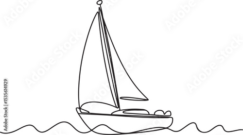 continuous line drawing of a sailboat with a single sail floating on gentle waves in black and white silhouette style