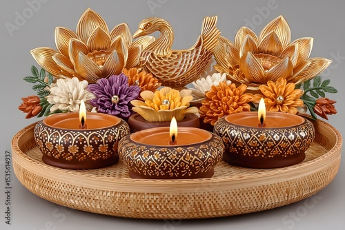 Colorful terracotta candles and flowers high resolution picture