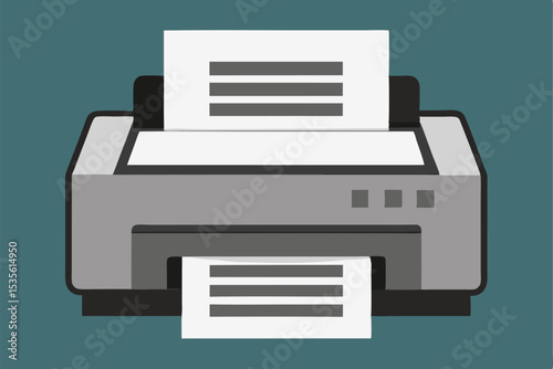 A simple gray printer displaying printed documents against a teal green background
