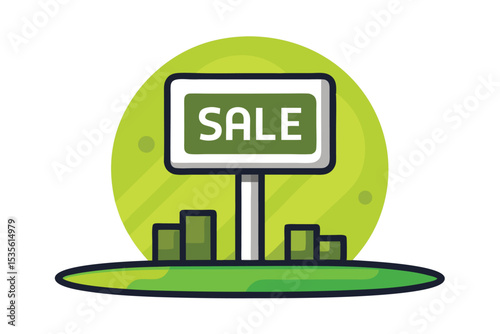 A simple green sale sign on a pedestal set on grass illustrating a discount offer