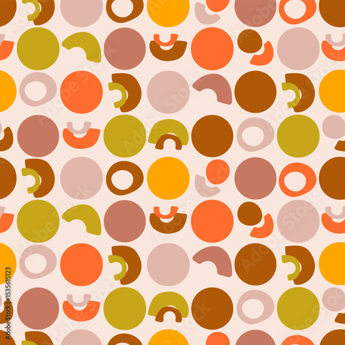 Colorful abstract pattern with circles and arches in warm earthy tones. Seamless modern design for fabric, wallpaper, or wrapping paper