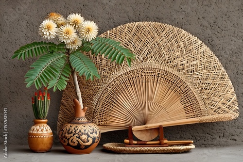 Decorative clay pot with palm leaves high resolution picture
