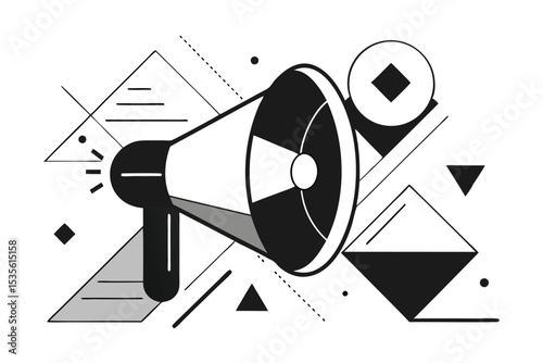 Abstract geometric illustration of a megaphone symbol announcing important information in monochrome