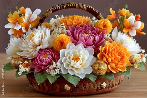 Decorative gift basket filled with pastel flowers high resolution picture