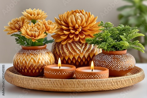 Decorative diyas on festive bamboo tray high resolution picture