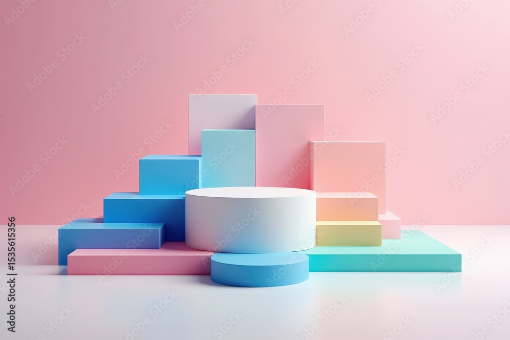 Obraz premium Pastel Geometric Shapes Product Display Podium Platform for Product Presentation and Advertisement