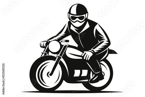 Black and white illustration of a motorcycle rider wearing a helmet and riding a classic bike