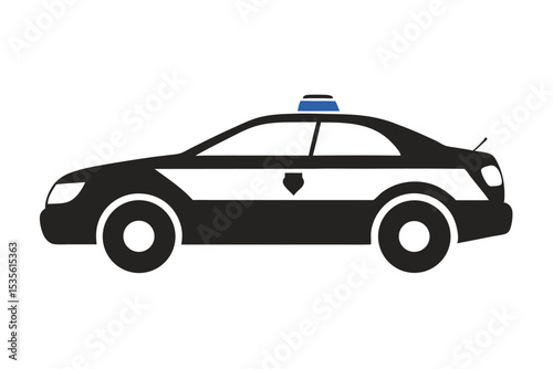 Black and white illustration of a police car icon isolated on white background