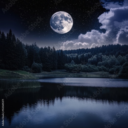 Full Moon Illuminating Lake Landscape at Night