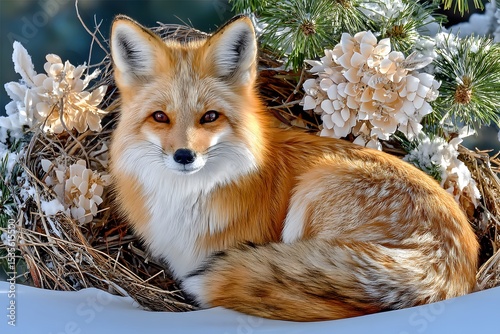 Fluffy fox curled up in winter scene high resolution picture