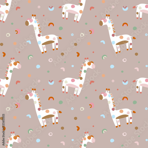 Giraffe in sunglasses in seamless pattern. Summer animal background for kids. Funny character in nursery design, fabrics, textile, clothing, wallpaper, notebooks, bed linen