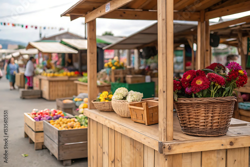 A wooden stall in the foreground with a blurred background of an open-air market. The background includes various vendors selling fresh produce, flowers, and handmade Generated By AI