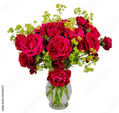 Isolated bouqet with red roses and alchemilla