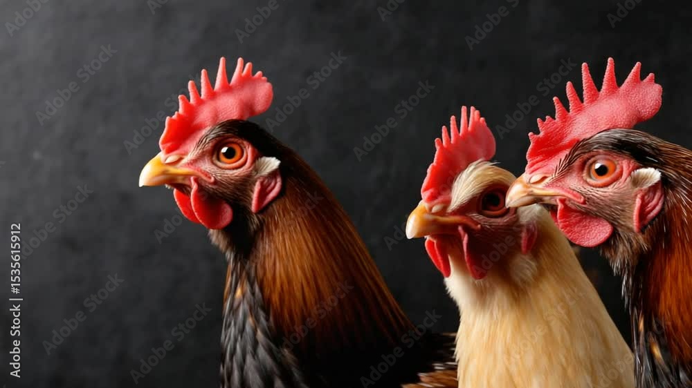 Three Colorful Chickens Displaying Unique Feathers Against Dark Background in Ethereal Lighting
