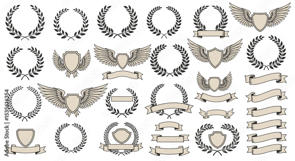Fototapeta premium Collection of Laurel Wreaths, Winged Shields, and Banners Vector Illustrations