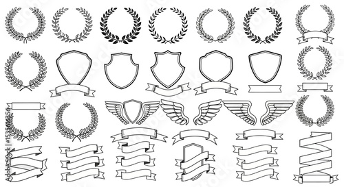 Collection of Laurel Wreaths, Shields, and Ribbons Vector Graphics