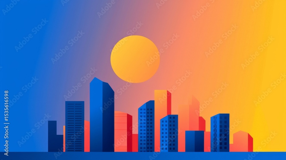 Obraz premium Digital artwork of a city skyline at sunset with colorful, geometric buildings and a large orange sun in a gradient purple and orange sky.