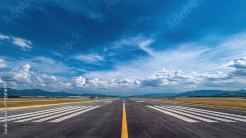 Premium image of wide view of an empty airport runway under a blue sky with clouds, ready for takeoff or landing in clear weather conditions.